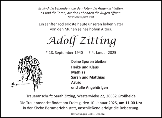 Traueranzeige von Adolf Zitting von Ostfriesischer Kurier GmbH