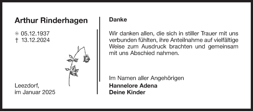  Traueranzeige für Arthur Rinderhagen vom 25.01.2025 aus Ostfriesischer Kurier GmbH