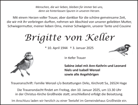 Traueranzeige von Brigitte von Keller von Ostfriesischer Kurier GmbH