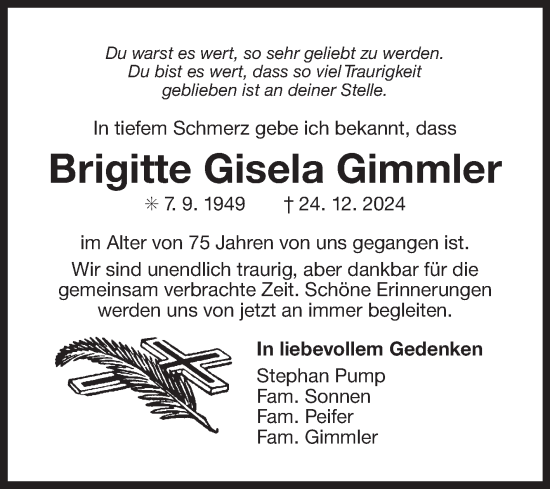 Traueranzeige von Brigitte Gisela Gimmler von Ostfriesischer Kurier GmbH