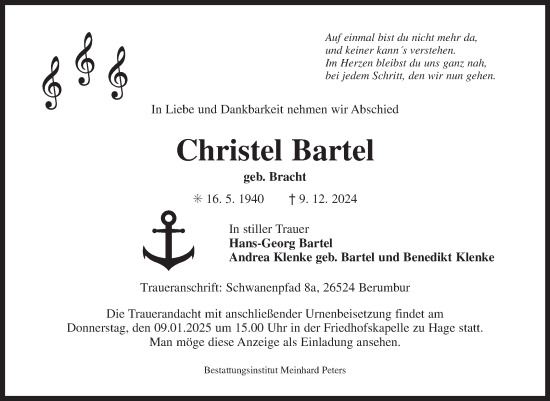 Traueranzeige von Christel Bartel von Ostfriesischer Kurier GmbH