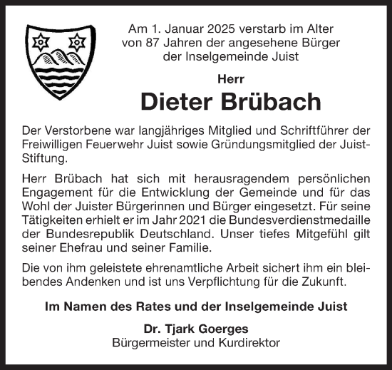 Traueranzeige von Dieter Brübach von Ostfriesischer Kurier GmbH