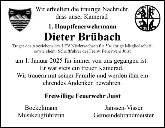 Traueranzeige von Dieter Brübach von Ostfriesischer Kurier GmbH