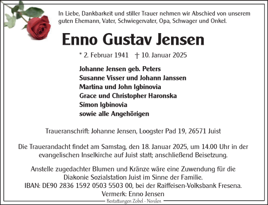 Traueranzeige von Enno Gustav Jensen von Ostfriesischer Kurier GmbH