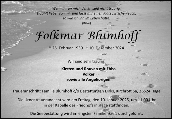 Traueranzeige von Folkmar Blumhoff von Ostfriesischer Kurier GmbH