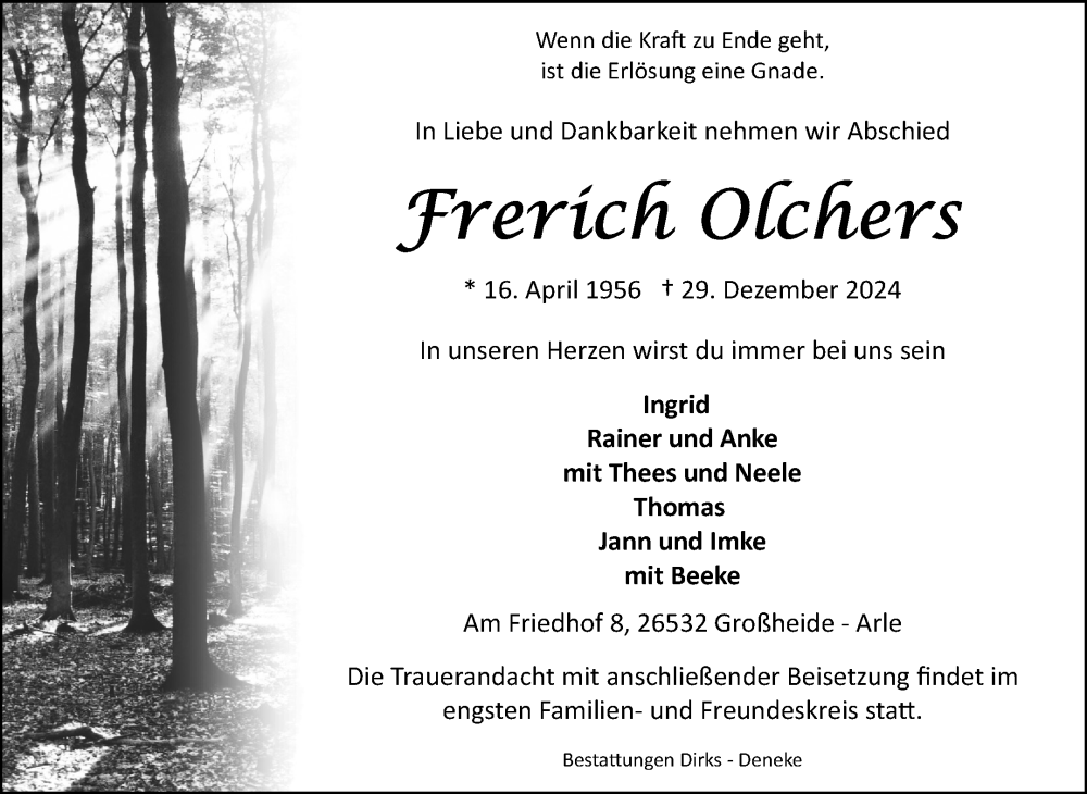  Traueranzeige für Frerich Olchers vom 04.01.2025 aus Ostfriesischer Kurier GmbH