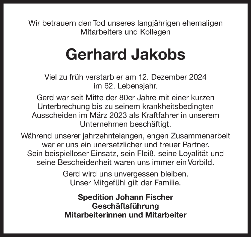  Traueranzeige für Gerhard Jakobs vom 03.01.2025 aus Ostfriesischer Kurier GmbH