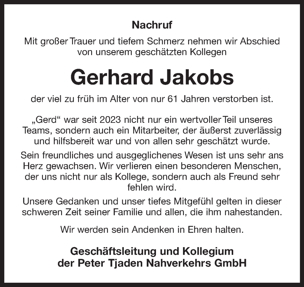  Traueranzeige für Gerhard Jakobs vom 08.01.2025 aus Ostfriesischer Kurier GmbH