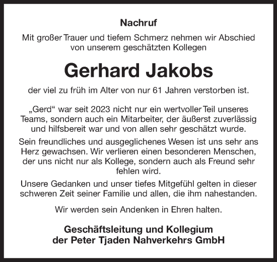 Traueranzeige von Gerhard Jakobs von Ostfriesischer Kurier GmbH