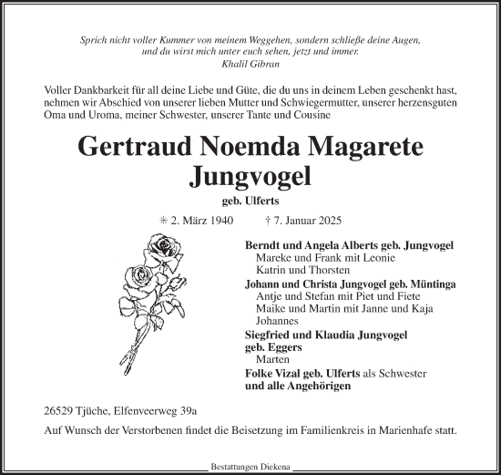 Traueranzeige von Gertraud Noemda Magarete Jungvogel von Ostfriesischer Kurier GmbH