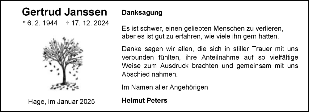  Traueranzeige für Gertrud Janssen vom 25.01.2025 aus Ostfriesischer Kurier GmbH