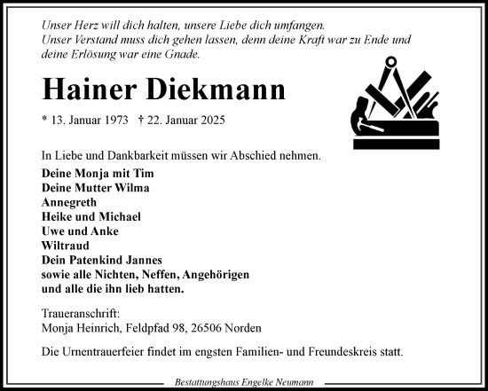 Traueranzeige von Hainer Diekmann von Ostfriesischer Kurier GmbH