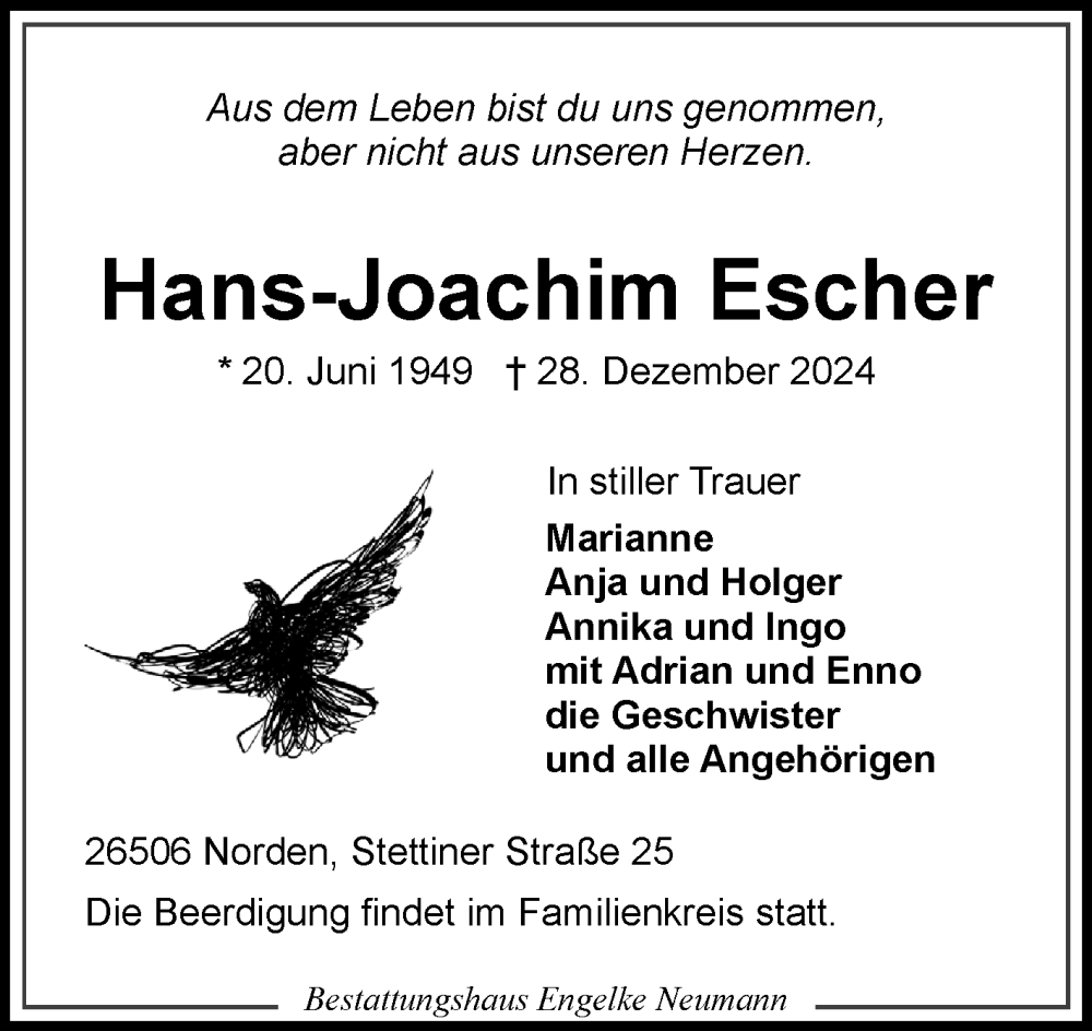  Traueranzeige für Hans-Joachim Escher vom 04.01.2025 aus Ostfriesischer Kurier GmbH
