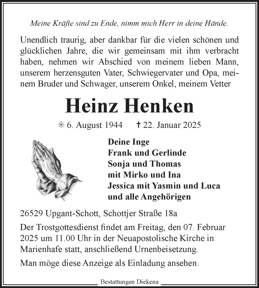  Traueranzeige für Heinz Henken vom 24.01.2025 aus Ostfriesischer Kurier GmbH