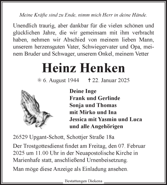 Traueranzeige von Heinz Henken von Ostfriesischer Kurier GmbH