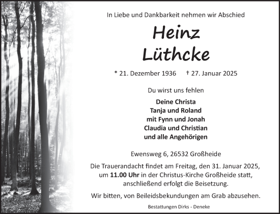 Traueranzeige von Heinz Lüthcke von Ostfriesischer Kurier GmbH