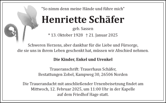 Traueranzeige von Henriette Schäfer von Ostfriesischer Kurier GmbH