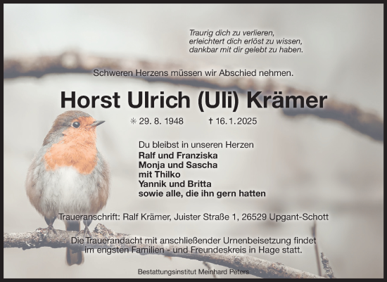 Traueranzeige von Horst Ulrich Krämer von Ostfriesischer Kurier GmbH