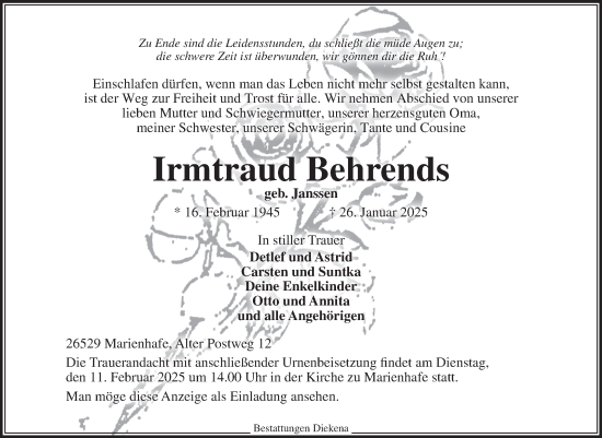 Traueranzeige von Irmtraud Behrends von Ostfriesischer Kurier GmbH