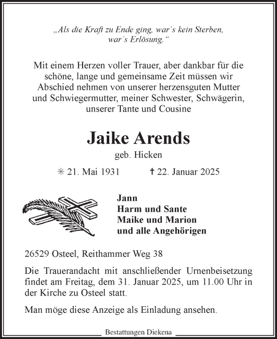 Traueranzeige von Jaike Arends von Ostfriesischer Kurier GmbH