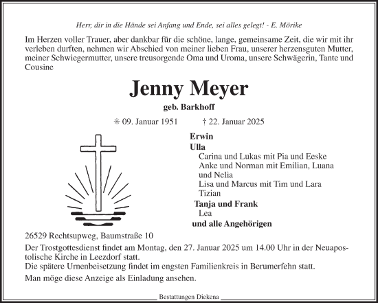 Traueranzeige von Jenny Meyer von Ostfriesischer Kurier GmbH