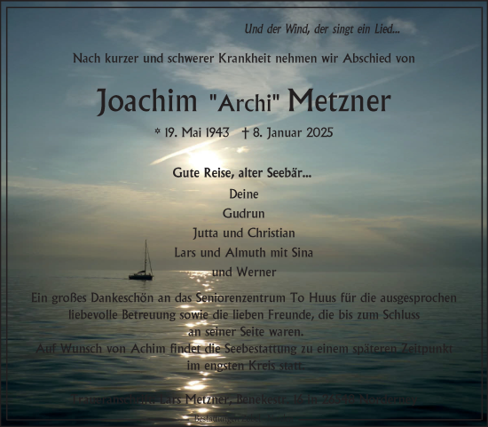 Traueranzeige von Joachim Metzner von Ostfriesischer Kurier GmbH