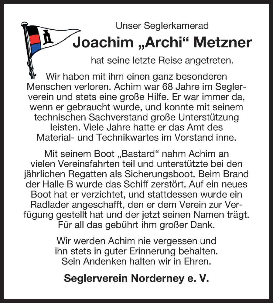  Traueranzeige für Joachim Metzner vom 14.01.2025 aus Ostfriesischer Kurier GmbH