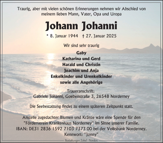 Traueranzeige von Johann Johanni von Ostfriesischer Kurier GmbH
