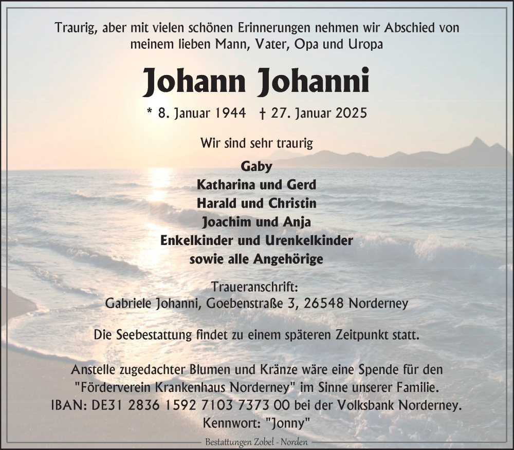  Traueranzeige für Johann Johanni vom 31.01.2025 aus Ostfriesischer Kurier GmbH