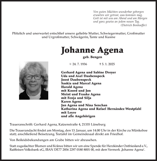 Traueranzeige von Johanne Agena von Ostfriesischer Kurier GmbH