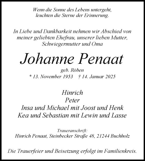 Traueranzeige von Johanne Penaat von Ostfriesischer Kurier GmbH