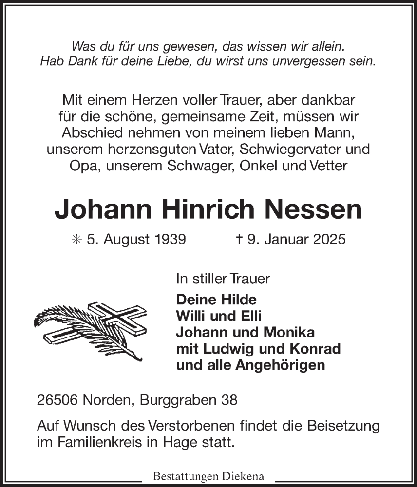  Traueranzeige für Johann Hinrich Nessen vom 11.01.2025 aus Ostfriesischer Kurier GmbH
