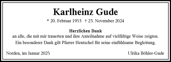 Traueranzeige von Karlheinz Gude von Ostfriesischer Kurier GmbH