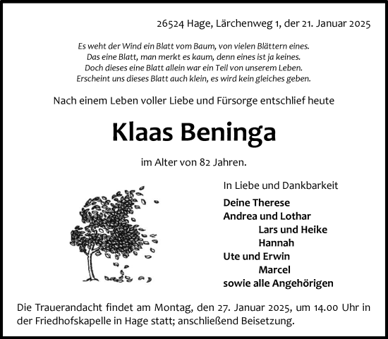 Traueranzeige von Klaas Beninga von Ostfriesischer Kurier GmbH