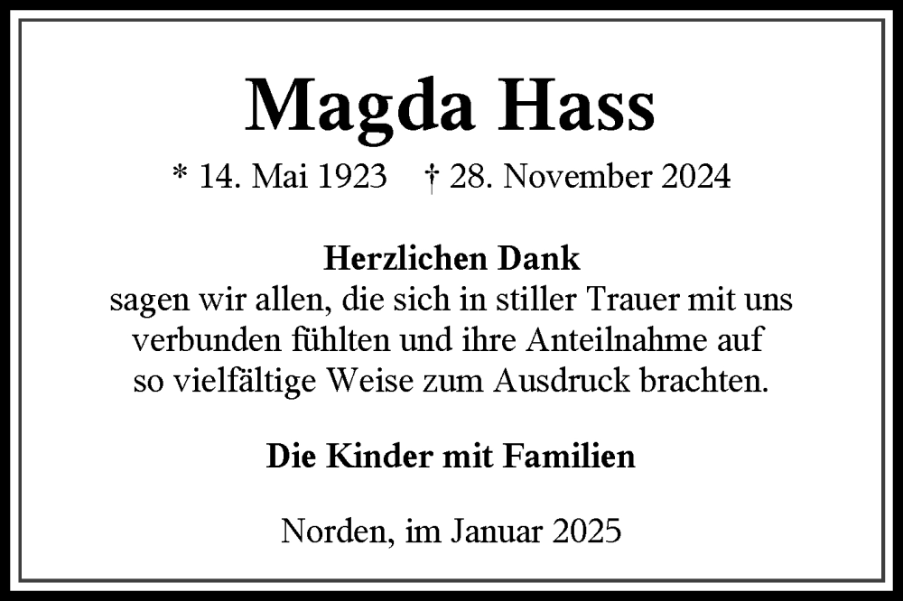  Traueranzeige für Magda Hass vom 06.01.2025 aus Ostfriesischer Kurier GmbH