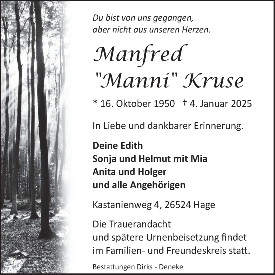 Traueranzeige von Manfred Kruse von Ostfriesischer Kurier GmbH