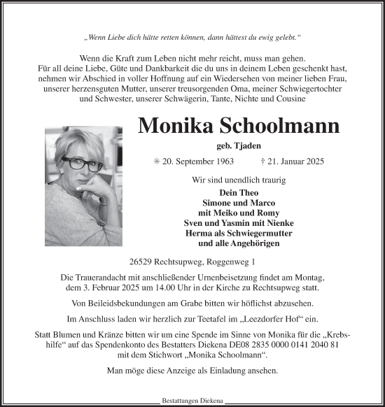 Traueranzeige von Monika Schoolmann von Ostfriesischer Kurier GmbH
