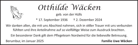 Traueranzeige von Otthilde Wäcken von Ostfriesischer Kurier GmbH