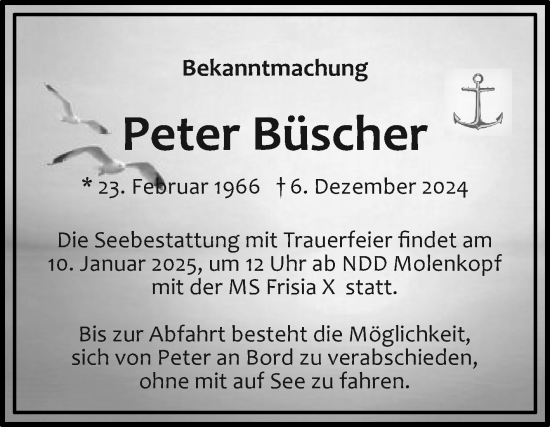 Traueranzeige von Peter Büscher von Ostfriesischer Kurier GmbH
