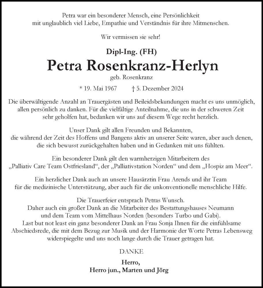  Traueranzeige für Petra Rosenkranz-Herlyn vom 18.01.2025 aus Ostfriesischer Kurier GmbH