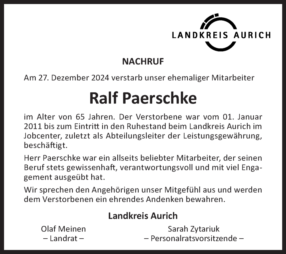  Traueranzeige für Ralf Paerschke vom 09.01.2025 aus Ostfriesischer Kurier GmbH