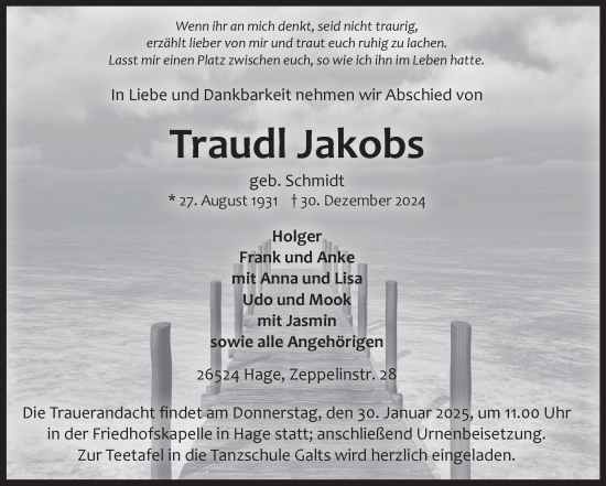 Traueranzeige von Traudl Jakobs von Ostfriesischer Kurier GmbH