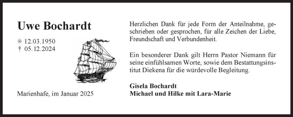  Traueranzeige für Uwe Bochardt vom 11.01.2025 aus Ostfriesischer Kurier GmbH