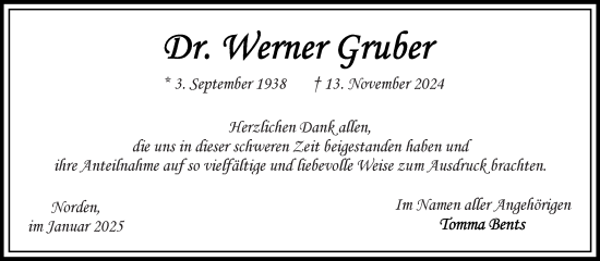 Traueranzeige von Werner Gruber von Ostfriesischer Kurier GmbH