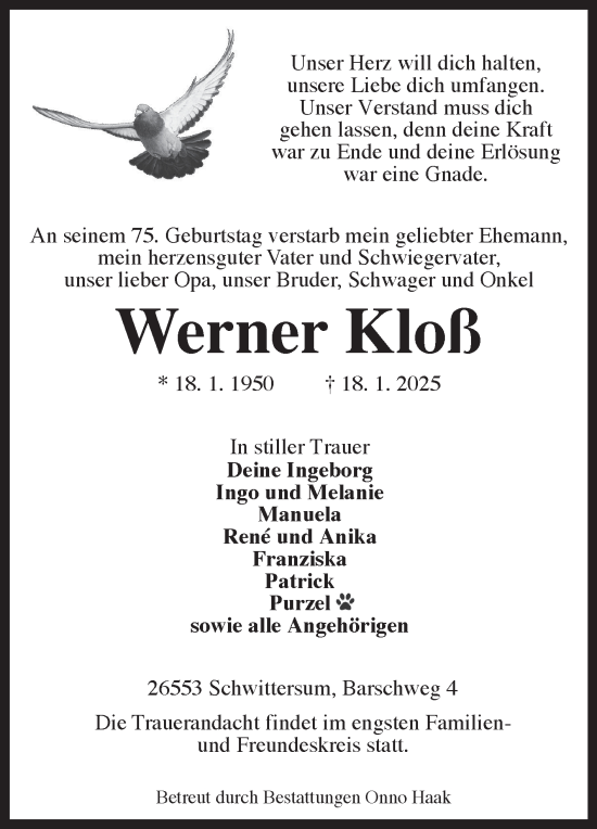 Traueranzeige von Werner Kloß von Ostfriesischer Kurier GmbH