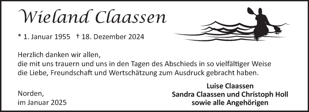  Traueranzeige für Wieland Claassen vom 25.01.2025 aus Ostfriesischer Kurier GmbH