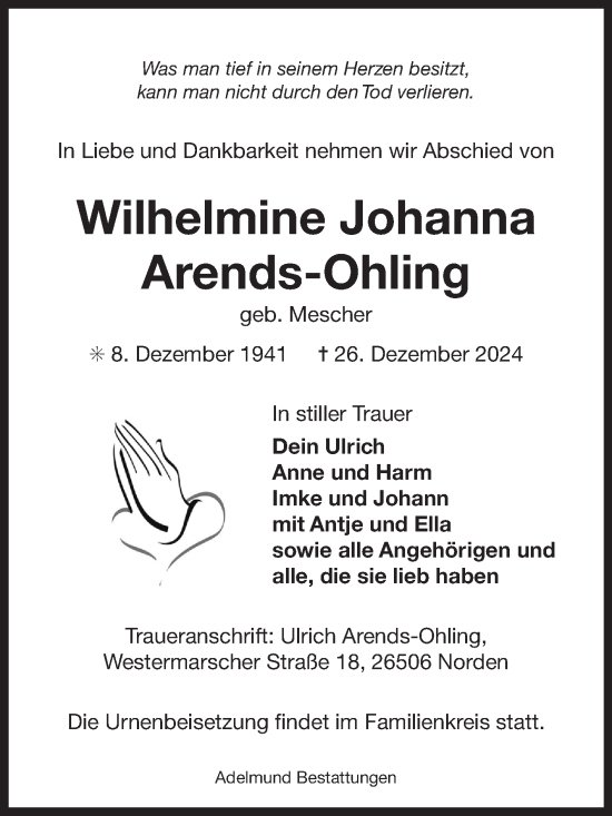 Traueranzeige von Wilhelmine Johanna Arends-Ohling von Ostfriesischer Kurier GmbH
