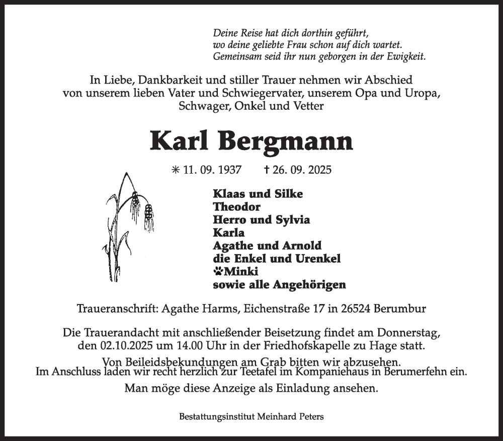  Traueranzeige für Karl Bergmann vom 30.09.2025 aus Ostfriesischer Kurier GmbH