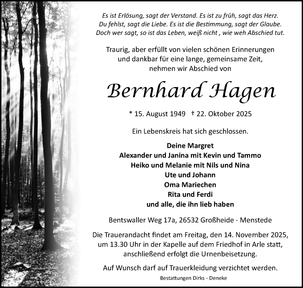  Traueranzeige für Bernhard Hagen vom 25.10.2025 aus Ostfriesischer Kurier GmbH