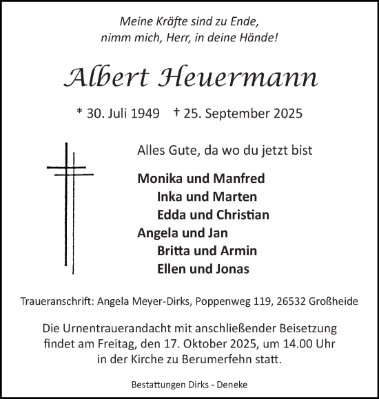 Traueranzeige von Albert Heuermann von Ostfriesischer Kurier GmbH